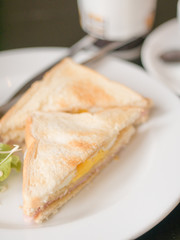 Closeup of triangle chopped sandwich including of egg, ham and bacon in white plate. Sandwich is a popular dish for breakfast.
