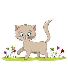 Illustration of a cute cat on a meadow