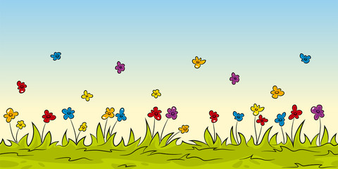 Seamless cartoon nature background with flowers