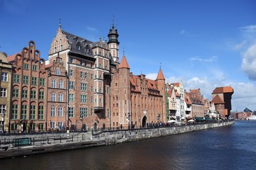 Gdansk, Poland - April 2017: Colourful historic houses near Motlawa river in port of Gdansk