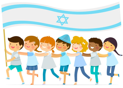 kids walk in a line with a big Israeli flag