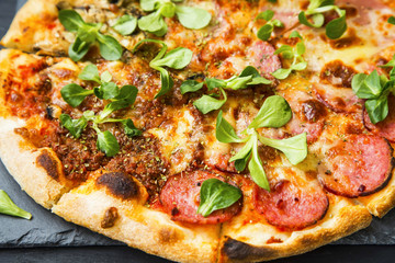 Pizza with salami and green leaves freshly baked, rustic pizza