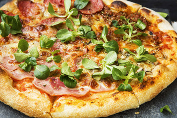 Pizza with salami and green leaves freshly baked, rustic pizza