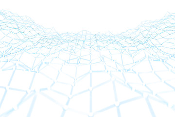 Floating white and blue dot network 3D rendering