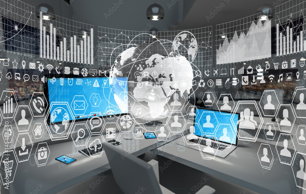 Poster workplace with modern devices and hologram screens 3d rendering