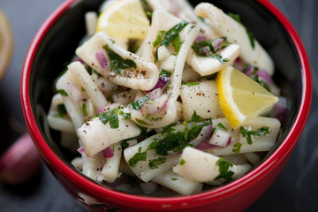 Close-up of calamari salad with red onion and parsley filling, horizontal shot with shallow depth of field