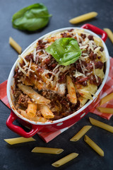 Close-up of a baking dish with italian ziti, vertical shot, selective focus