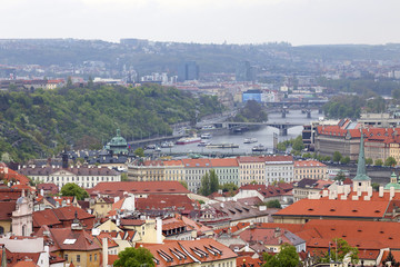 Fototapeta premium View on the spring Prague City with the green Nature and flowering Trees, Czech Republic