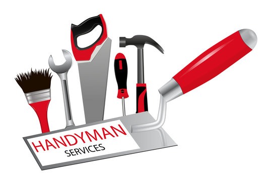 The concept of construction and repairs. The logo for professional handyman services. Trowel, saw, hammer, wrench, screwdriver and brush. Vector