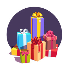 Big pile of colorful wrapped gift boxes