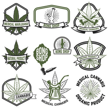 Set of medical marijuana labels. Cannabis. Design elements for logo, label, emblem, sign. Vector illustration