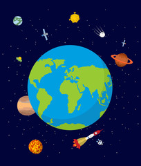 Fototapeta na wymiar Planet earth in space. Rocket and UFO. Stars and planets.