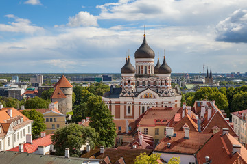 Tallinn view of old town castle with Orthodox Cathedral on Toompea hill