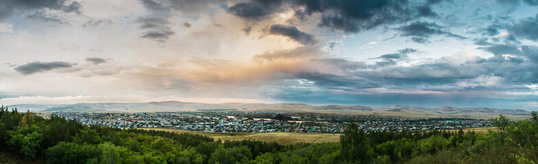 Panorama of the village from the mountain at dusk