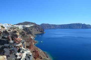 Fototapeta na wymiar The rocky shore of Santorini island