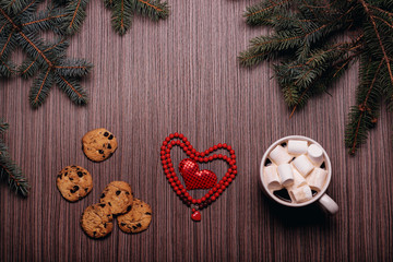 Ceramic Mug coffee, chocolate cookies, dark board