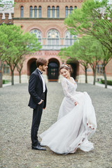 Bride and groom walking on alley chateau