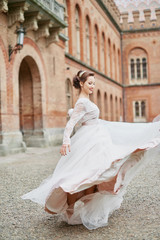 Obraz premium Bride near palace beautiful wedding dress