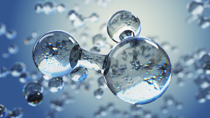 3d ilustracja z wodną molekułą. Abstrakcjonistyczny molekuły mikrobiologii lub nauki tło. - 145434085
