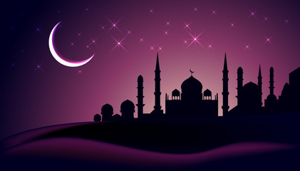 Eid Mubarak greeting card with mosque silhouette and crescent, vector illustration