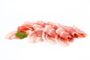 Bacon isolated on white background. Delikatese food.