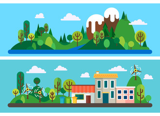Two horizontal banners in modern flat style, ecology concept. Th