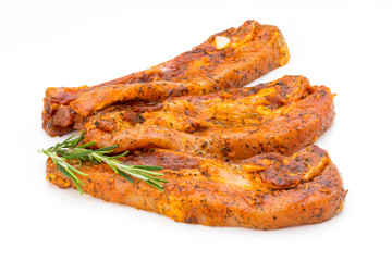 Spicy marinated spare ribs barbecued on the white background.