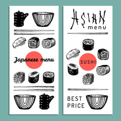 Vector hand drawn asian menu illustration.Hand sketched sushi set.Japanese food,tableware design for restaurant,cafe etc