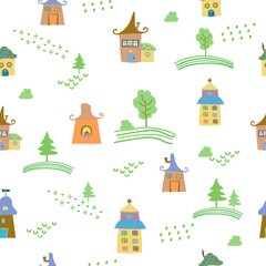 Fototapeta premium Cute colorful houses seamless pattern. Vector illustration. Fabric, textile, texture