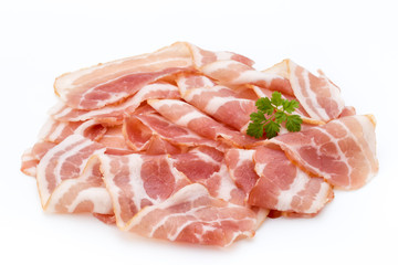 Bacon isolated on white background. Delikatese food.