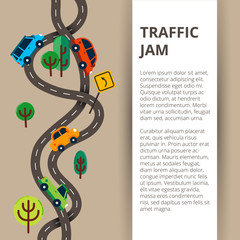Two winding roads with colorful cars and road sign in modern fla