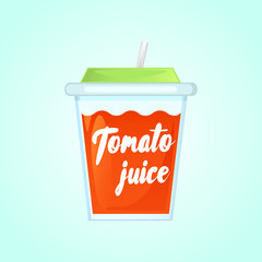 A glass of fresh tomato juice in a glass bowl with a straw. Advertising of the product. Vector illustration. Isolated on a gradient background.