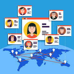 People communication concept with male and female avatars.Friendship from around the world.Business contacts.Social network,people connecting all over the world.For web banners and info graphic