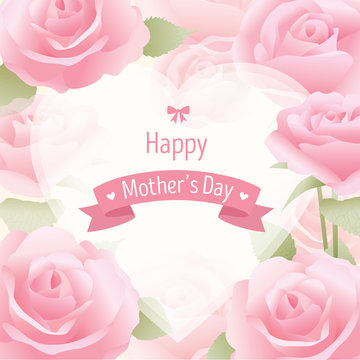 Mother's day card with pink roses pattern and heard frame 