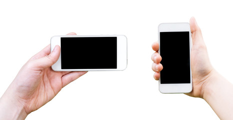 Hand holding phone isolated on white background., This has clipping path