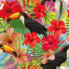Toucan leaves and flowers seamless pattern colorful motley backg - 145435667