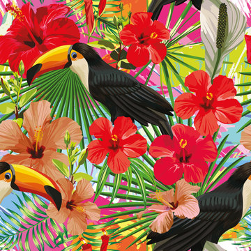 Toucan leaves and flowers seamless pattern colorful motley backg