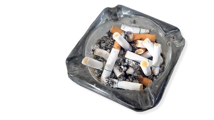Ashtray and butted out cigarettes isolated on white background
