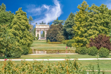 Obraz premium Arco della Pace, Porta Sempione, colorful sunny day in Milan Italy Traveling Sightseeing Destination Summer 2012 Blue Sky Outdoors Beautiful Monument Architecture