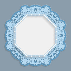 3D round frame for a photo or picture, vignette with ornaments, lace border,  bas-relief ornament,  openwork  pattern, template greetings, vector