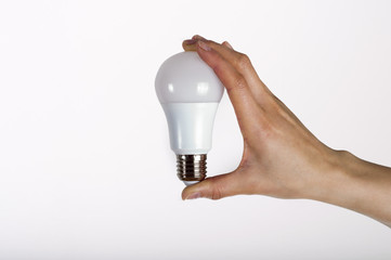 Close up of woman's hand holding light bulb. White background