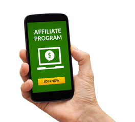 Hand holding a black smart phone with affiliate program concept on screen. Isolated on white background. All screen content is designed by me.