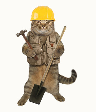 The cat builder is holding a hummer in one paw and a shovel in other. He is wearing a construction helmet and vest. White background.