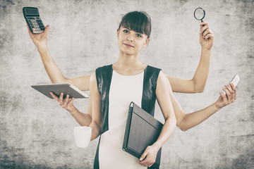Multitask business woman with many hands.