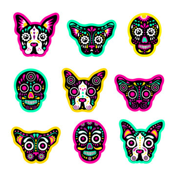 Fashion patch badges with dogs, bulldog, Skulls, calavera, and other. Very large set of girlish and boyish stickers, patches in cartoon isolated.Trendy print for backpacks, things, clothes