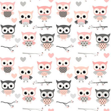 Cute vector seamless pattern with cartoon owls, hearts and branches in pink and grey colors for girl clothing, scrapbooking and nursery decor