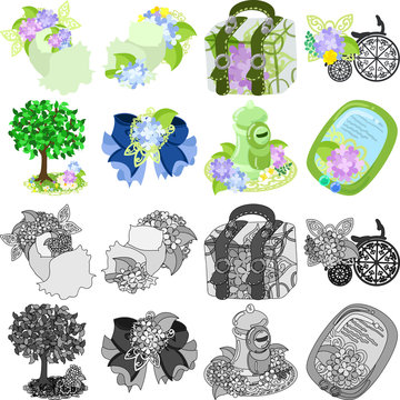 The cute icons of hydrangea objects such as bed and bag and bicycle and ribbon and post and smartphone