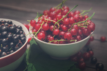 Black and red currants in bowls closeup background on rustic wood