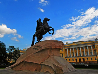 The Bronze Horseman, an equestrian statue of Peter the Great in the Senate Square in Saint...