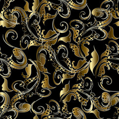 Vintage floral damask  seamless pattern. Black vector  background wallpaper illustration with  hand drawn gold 3d flowers, swirl leaves and antique ornaments in Baroque Victorian style. 